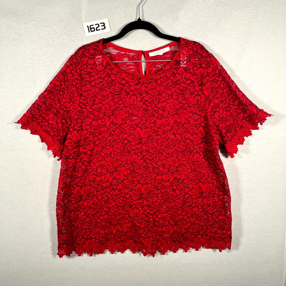 Lynn Ryan Blouse Womens 2X Red Floral Lace Scalloped Hem Keyhole Back Round Neck